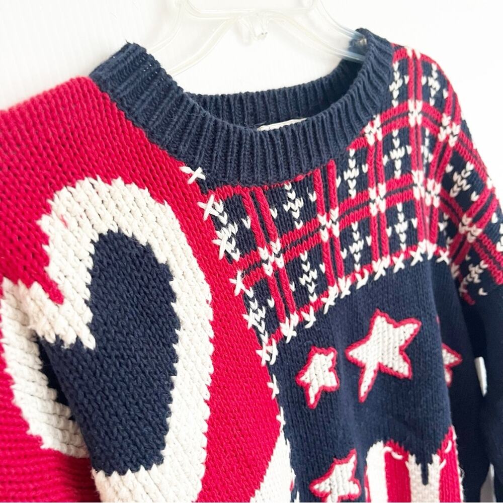 Vintage 80s90s Ninon De Lenclos Patchwork Americana Red White Blue Sweater Large - Picture 2 of 8
